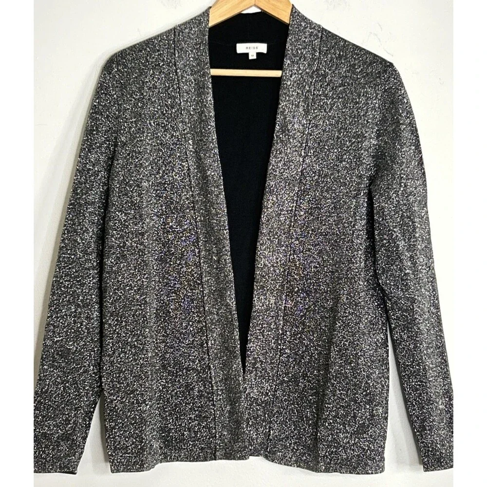 REISS cardigan Kimberley metallic Silver Black open front Medium Stretchy Comfy